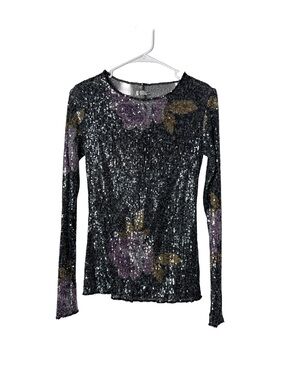 FREE PEOPLE INTIMATELY Gold Rush Long-Sleeve Black Floral Printed Sequin Top XS